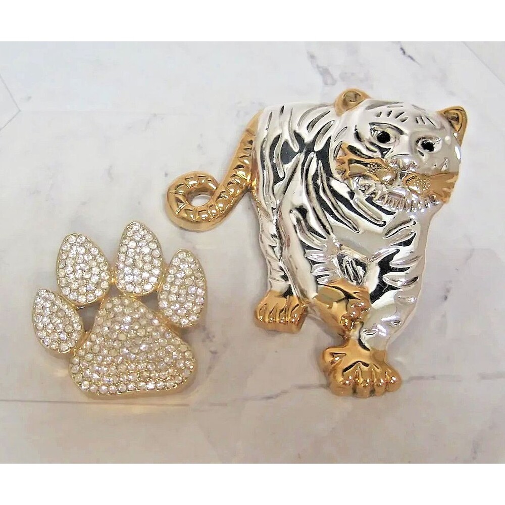 Vintage Tiger & Rhinestone Paw Print Brooch Set Gold Silver Tone Figural Pins